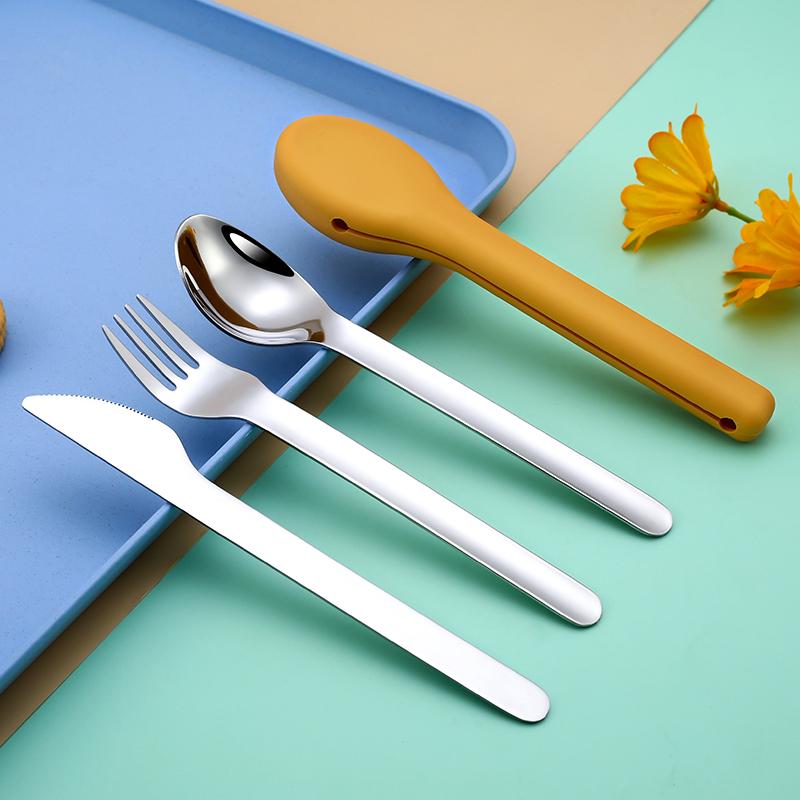 304 Stainless Steel Camping Picnic Portable Tableware Set Travel Cutlery with Silicone Case Cutlery Set Reusable Portable Case