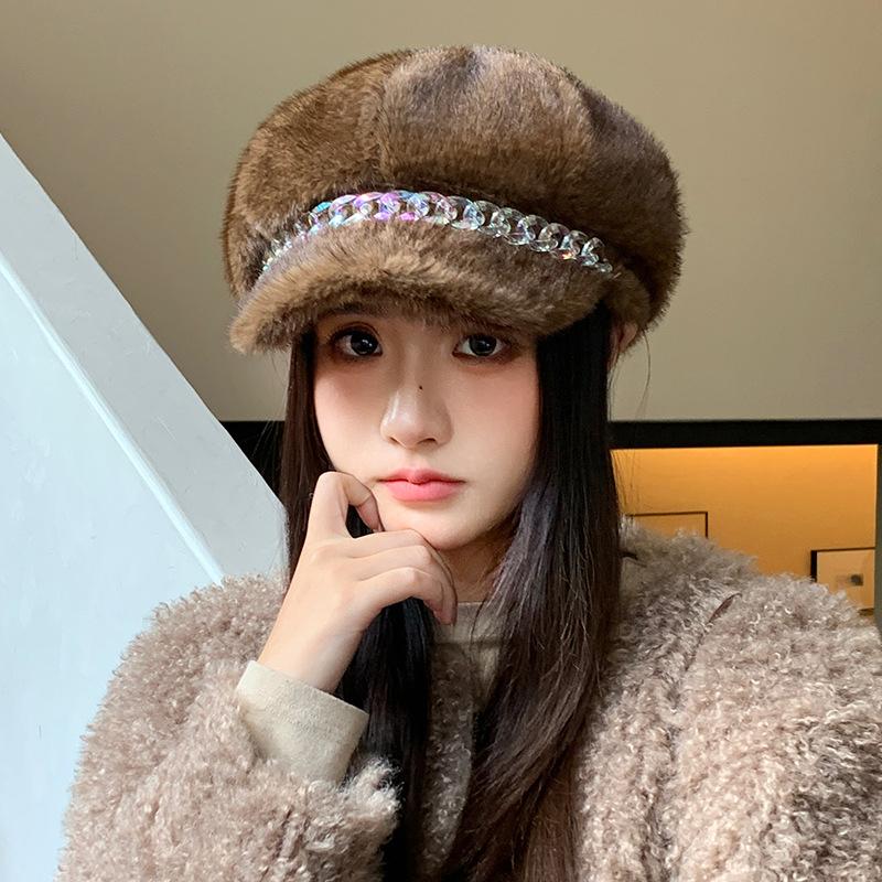 Hat Women's Autumn and Winter Imitation Mink Hair Color Chain Beret Plus Velvet Thickened Windproof and Warm Hat Art Retro Octagonal Hat
