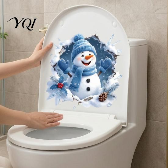 Durable PVC Window Clings Christmas Snowman Toilet Stickers, 3D Bathroom Wall Decals, Festive Home Art Waterproof Seat Creative Holiday Decor Decals
