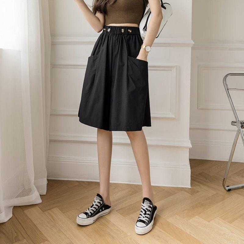 

Large size wide-leg pants women s summer new elastic waist solid color five-point pants women s loose and thin skirt pants skirt m recommended 40-50kg чёрный