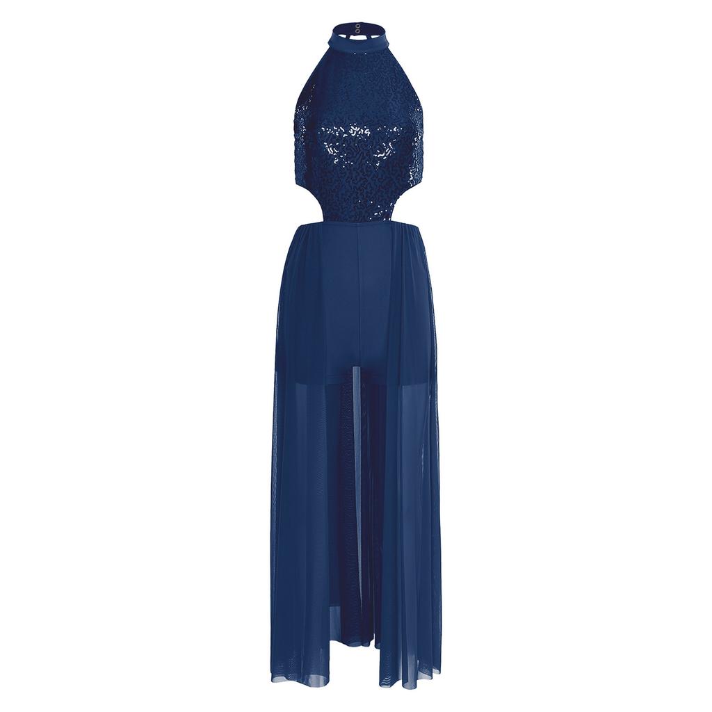 Damen rückenfreies Bodysuit-Kleid Pailletten-Oberteil Netzrock integrierter kurzer Unterteil Tanzkleidung