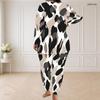 Women Plus Size Blue White Printed Two Piece Set Round Neck Long Sleeve Longline Top Fitted Pants