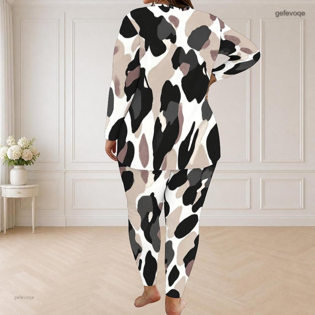 Women Plus Size Blue White Printed Two Piece Set Round Neck Long Sleeve Longline Top Fitted Pants