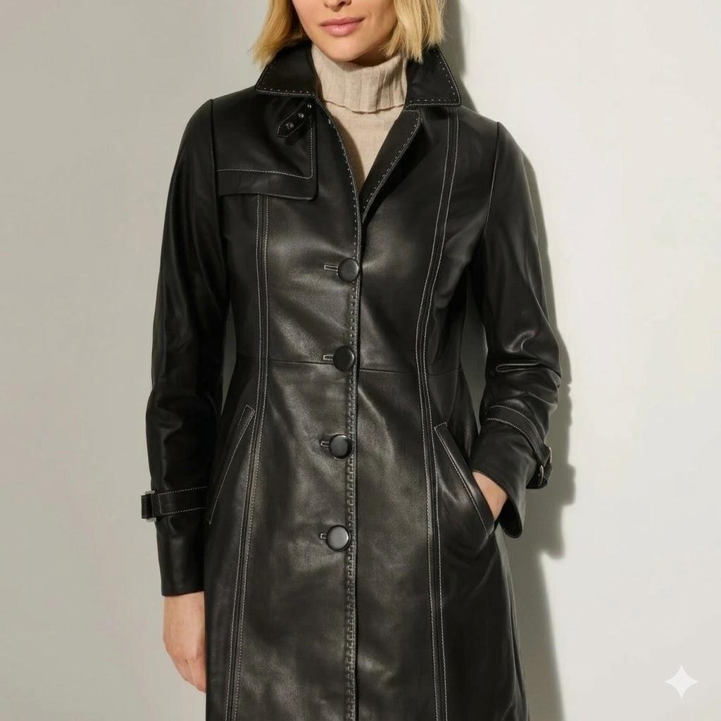 Damen Stylischer Lammleder Echter Handgemachter Schwarzer Trenchcoat Lässige Passform