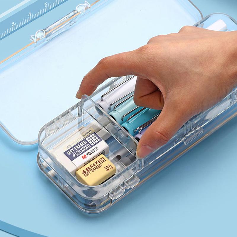 Kawaii Transparent Pencil Case Double Layer Multifunction Kids Pen Stationery