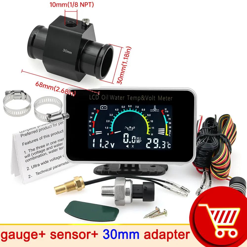 AD 3 In 1 LCD Automobile Digital Water Temperature Gauge Oil Pressure Gauge Voltmeter Water Temperature Sensor Adapter for Car