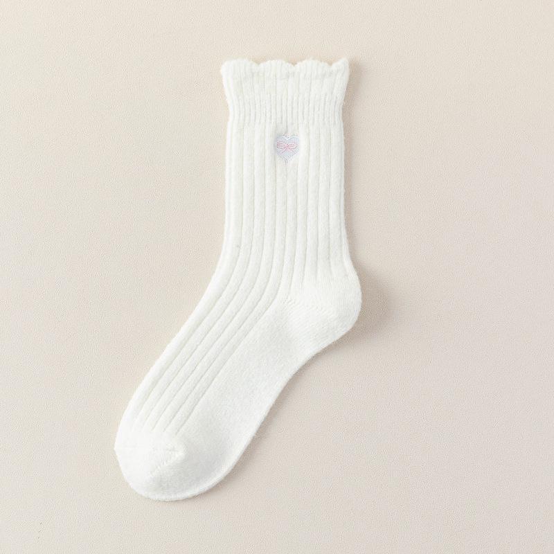 

Женские шерстяные носки с бантом в форме сердца, теплые на осень и зиму, утолщенные флисом, однотонные бесшовные вышитые махровые носки 1 pair молочный белый