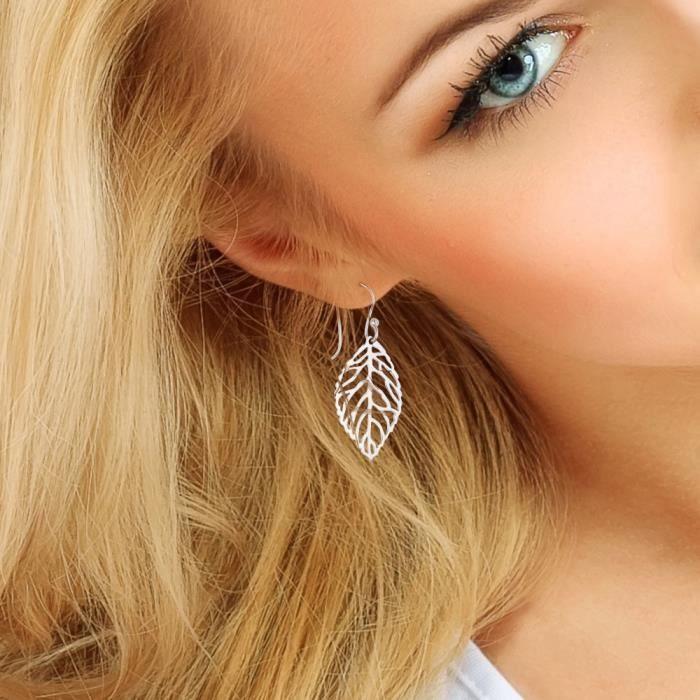 Boucles d'oreilles - Annie - Argent Massif Rhodié 925 - Motifs Feuilles - 2 cm - Système Crochet