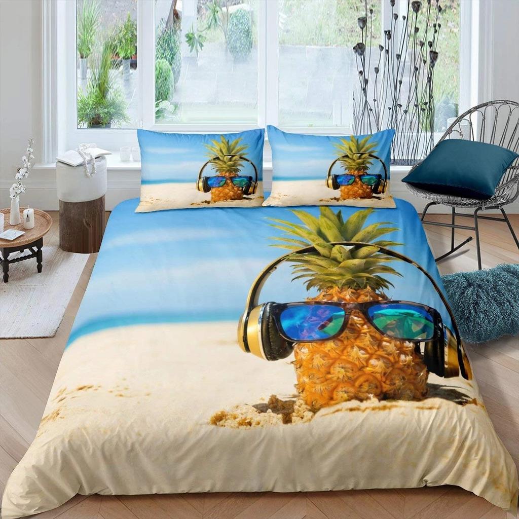 Summer Beach Duvet Cover Set Queen Ocean Bedding Set Hawaiian Palm Trees Marine Life Sea Waves Fish Printed Comforter Cover Set