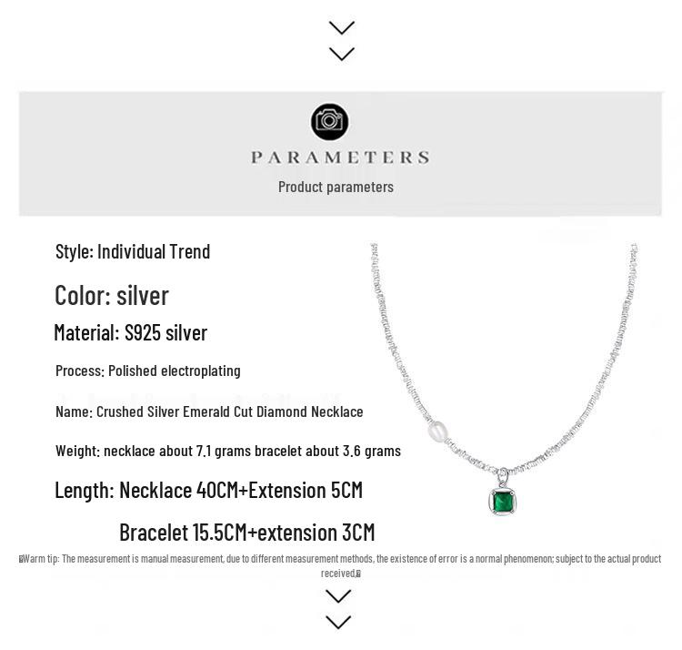 925 Sterling Silver Emerald Square Diamond Clavicle Chain Necklace - Handmade Beaded Jewelry
