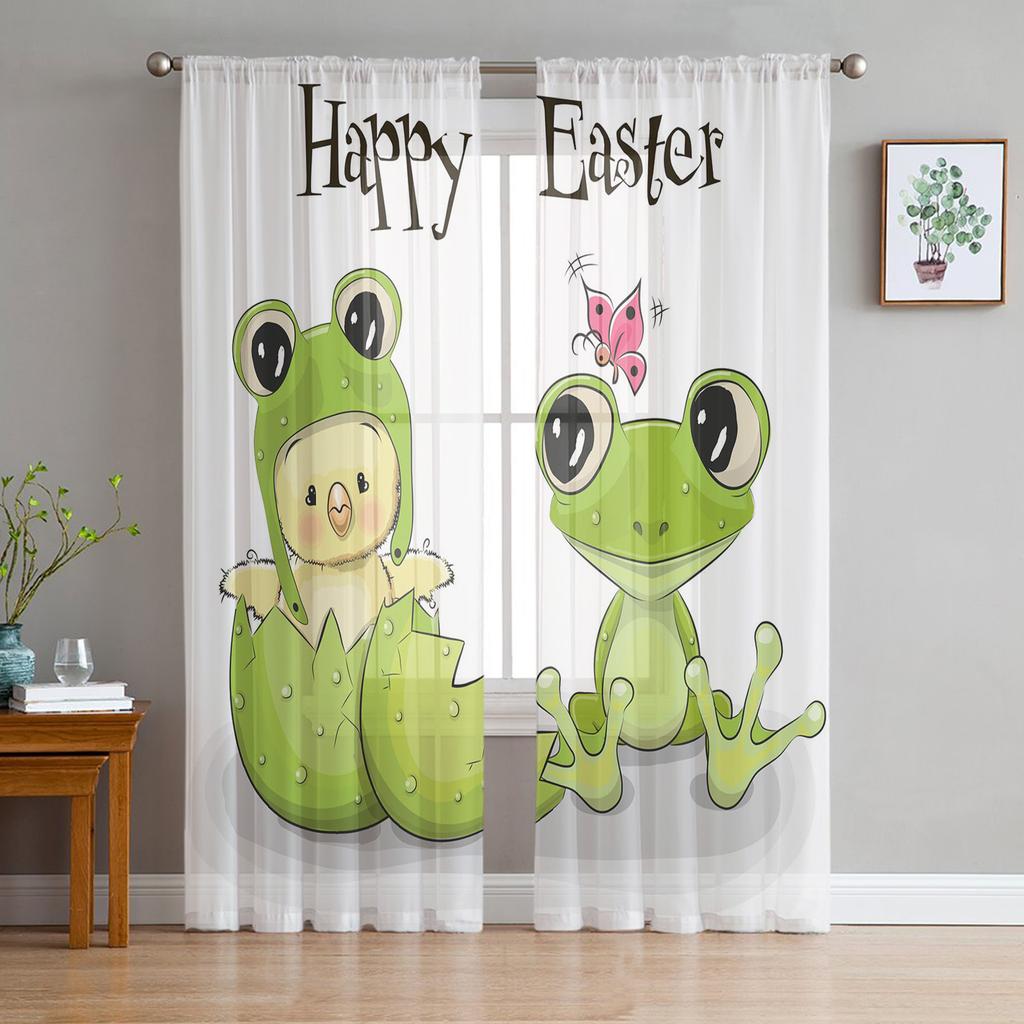 Cartoon Cute Frog Prince Kawaii Sheer Curtain for Living Room Bedroom Voile Drape Kitchen Window Tulle Curtains Home Essentials