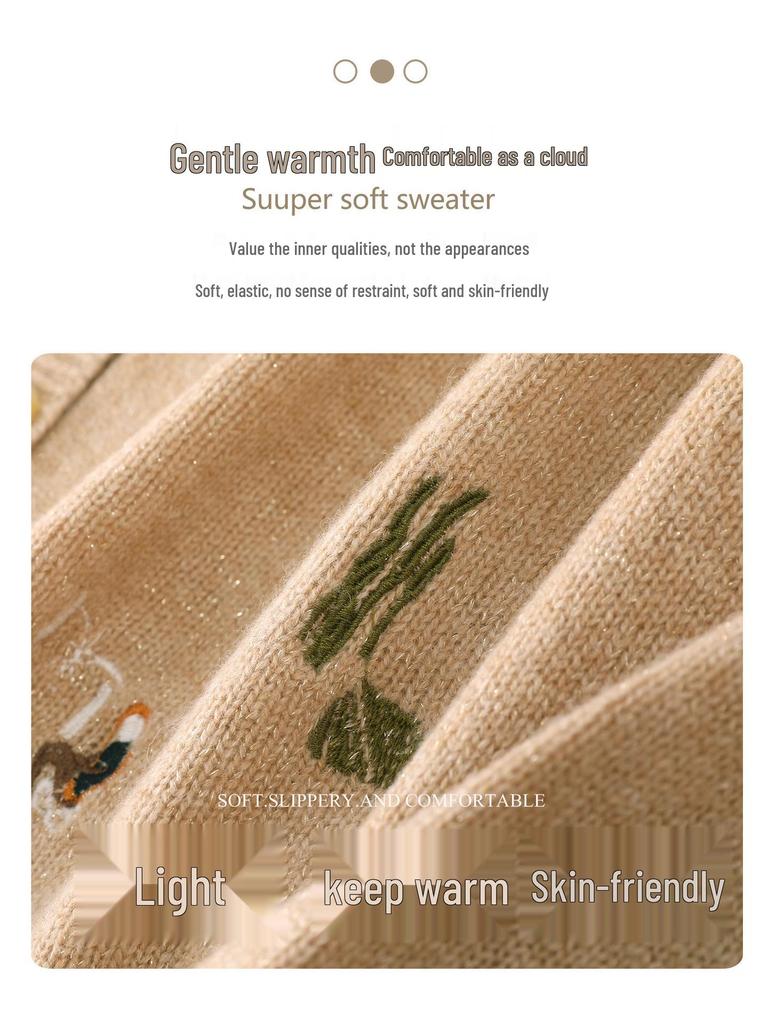 2026 A/W Pure Wool Round Neck Knit Cardigan with Embroidered Cactus Design