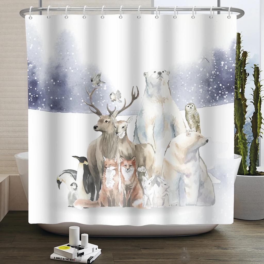 Winter Christmas Shower Curtains Natural Forest Snow Landscape Home Bathroom Curtain Waterproof Washable Bathtub Screen Decor