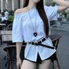 Zomerse Mode Offshoulder Gedeelde Gerimpelde Taille T-shirt Voor Dames