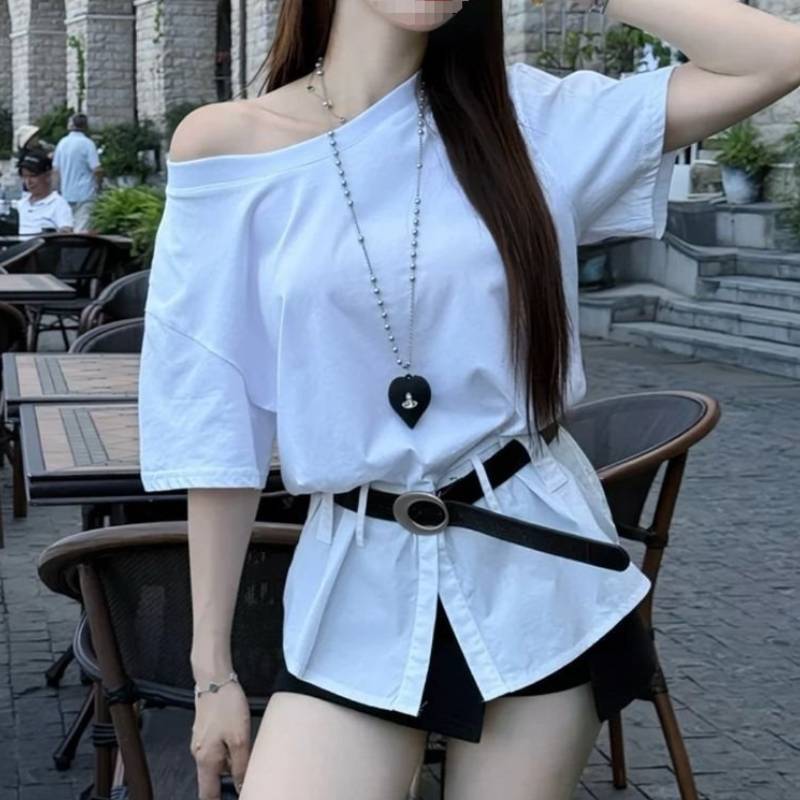 Zomerse Mode Offshoulder Gedeelde Gerimpelde Taille T-shirt Voor Dames