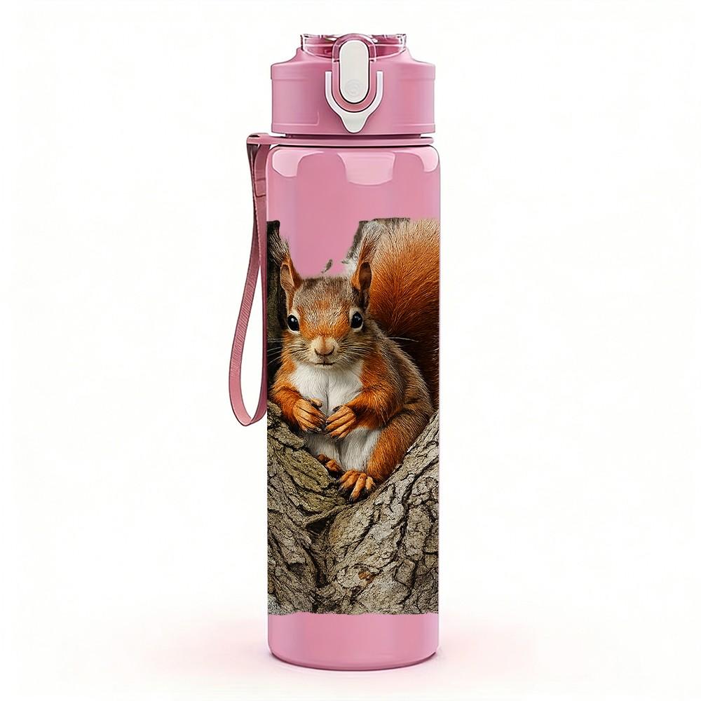 1PC Squirrel Tree Hollow Scene Print 750ml Color Plastic Sports Water Bottle Leakproof Flip Straw Lid Suitable for Sports Office Home Use