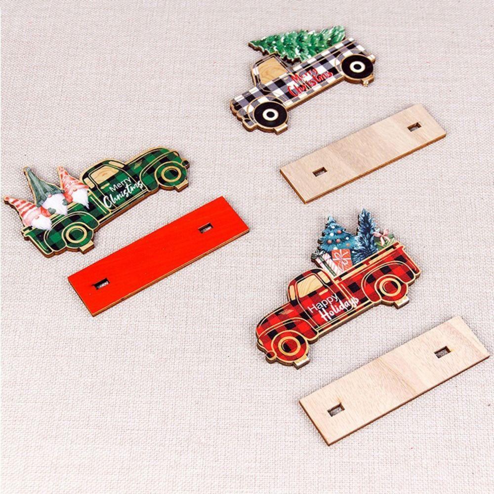 3pcs/set DIY Christmas Wooden Car Decorations Grid Style Cartoon Xmas Truck Desktop Ornament Dwarf Colorful