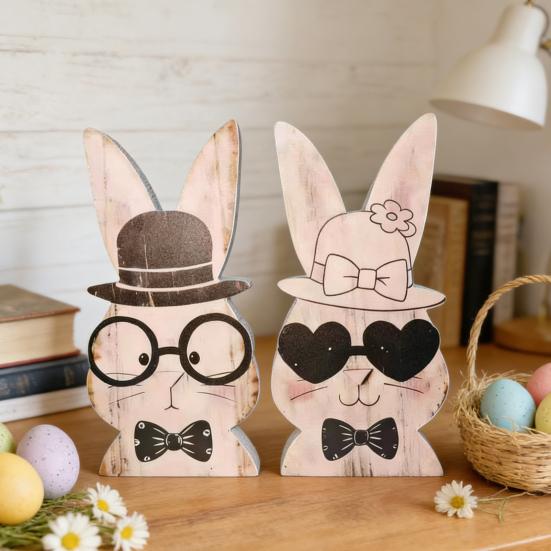 2 st påskhare dekoration bondgårdsstil rustik par kanin bordskylt hem kontor vår påskhelg fest bords mittpunkt prydnad