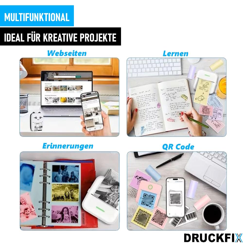 DRUCKFIX Mini tiskárna Kapesní tiskárna pro smartphone Bezinkoustová Mobilní termo