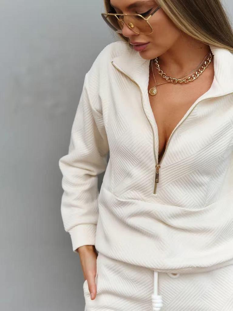 European & American Casual Women's Long-Sleeved Half-Zip Top with Tie-Up Pants Set
