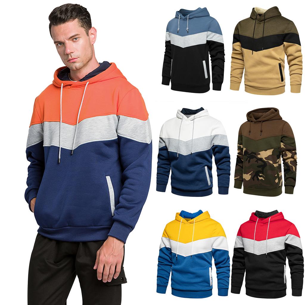 Pánské mikiny s kapucí, barevné prošívání, s dlouhým rukávem, s kapucí, stahovací šňůrkou