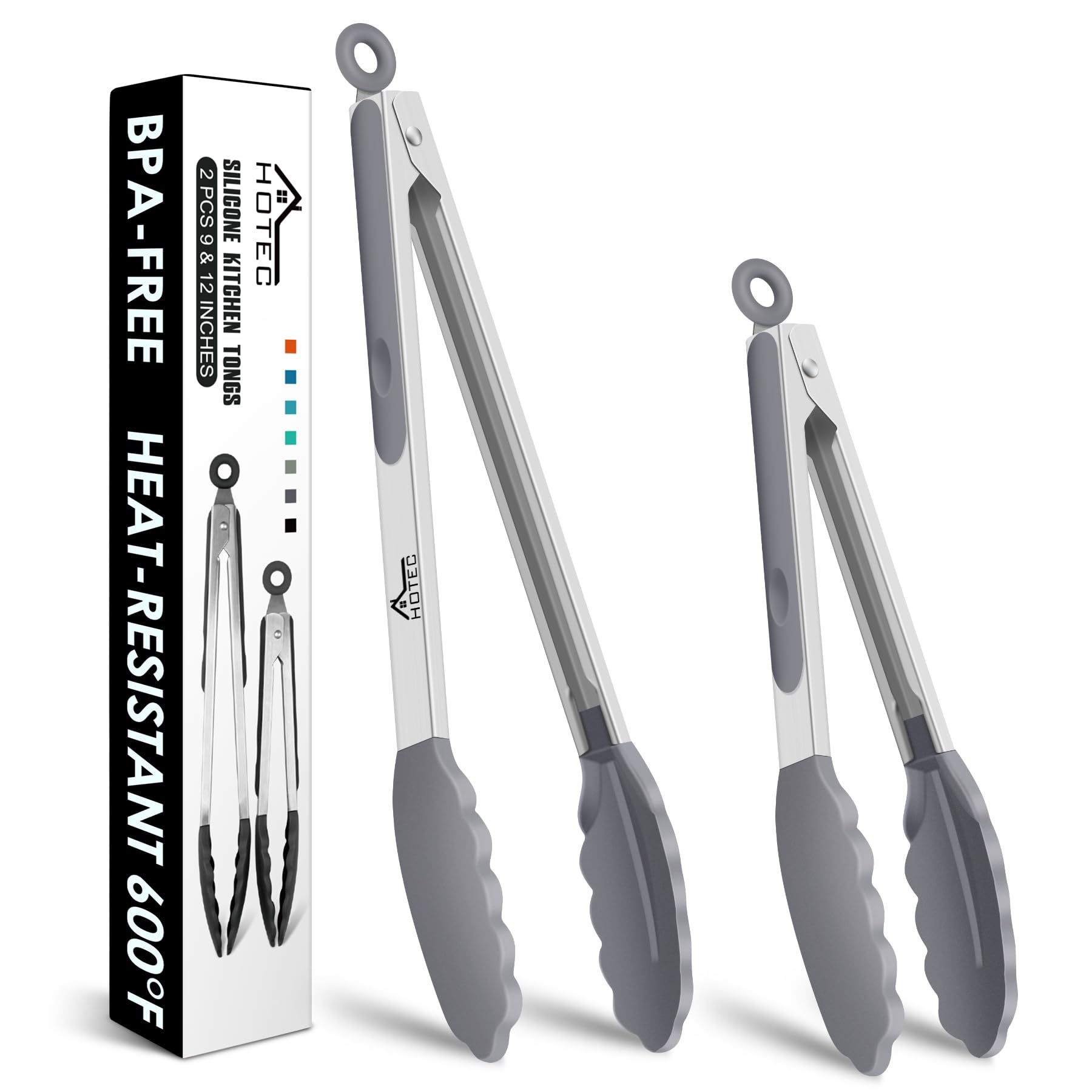 Hotec Нержавеющая сталь Кухонный Силикон для Запирающийся Набор из 2 шт. 23 см и Щипцы, Щипцы, BBQ/Жарка, Термостойкий, Антибактериальный, Хранение, (Серый) серый