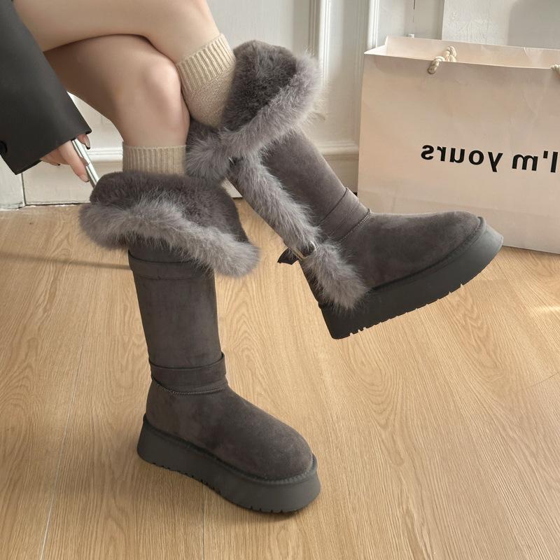 Dámské zimní zateplené sněhule na silné platformě, zvýšené, s kožešinou, teplé, proti chladu, polstrované, protiskluzové, odolné proti opotřebení, ležérní sportovní dlouhé bavlněné boty