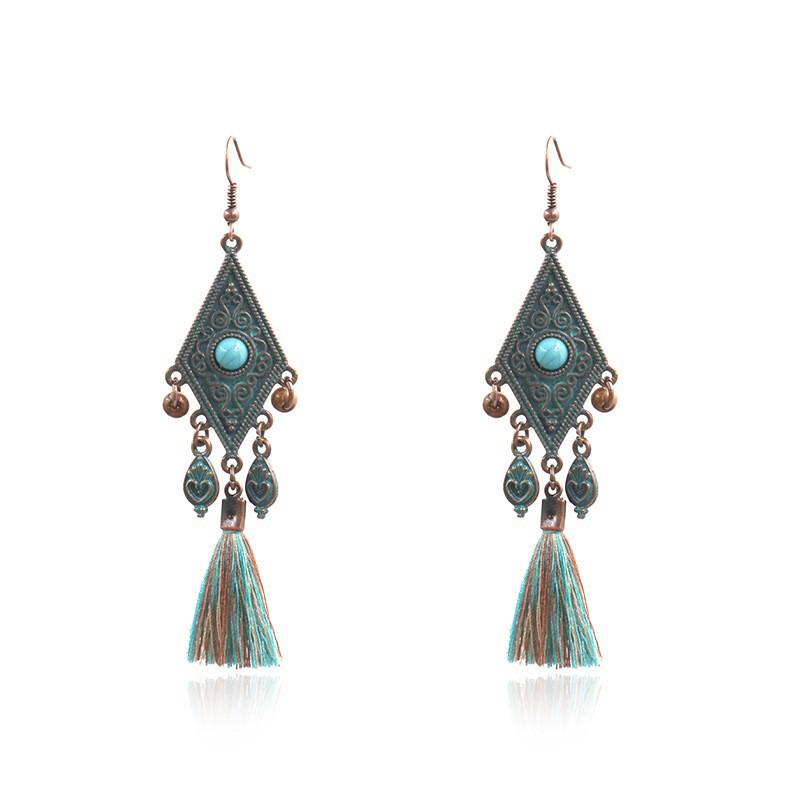 Fashion Vintage Ethnic Bohemian Drop Dangle Earrings For Women Tassel Beaded Turquoise Geometric Flower Boho Cotton Wire Earring