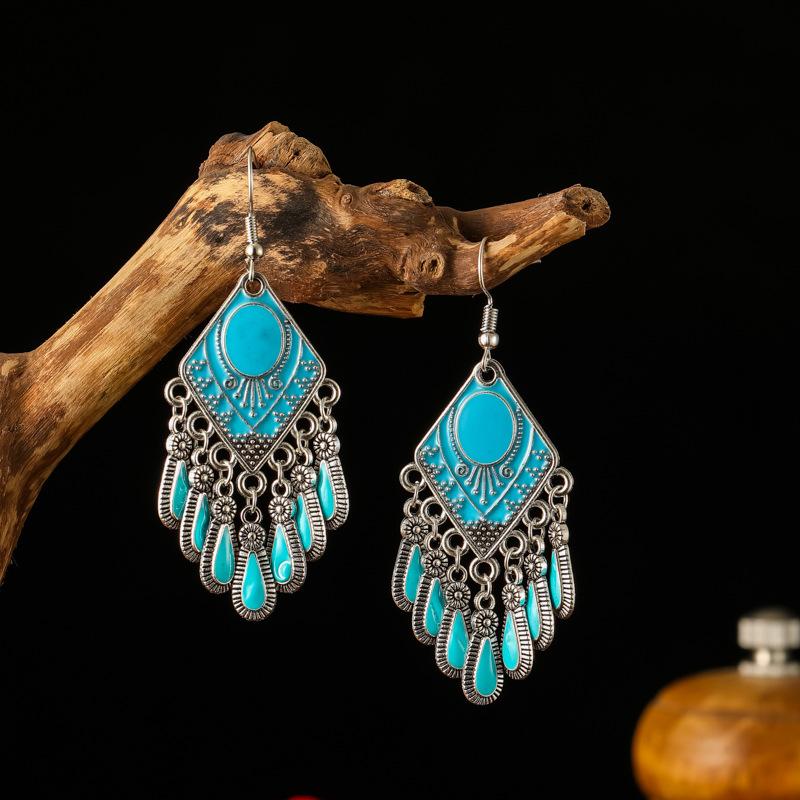 Ethnic Style Drop Oil Rhombus Earrings for Women Vintage Elegant Silver Color Metal Water Drop Earring Female Jewelry