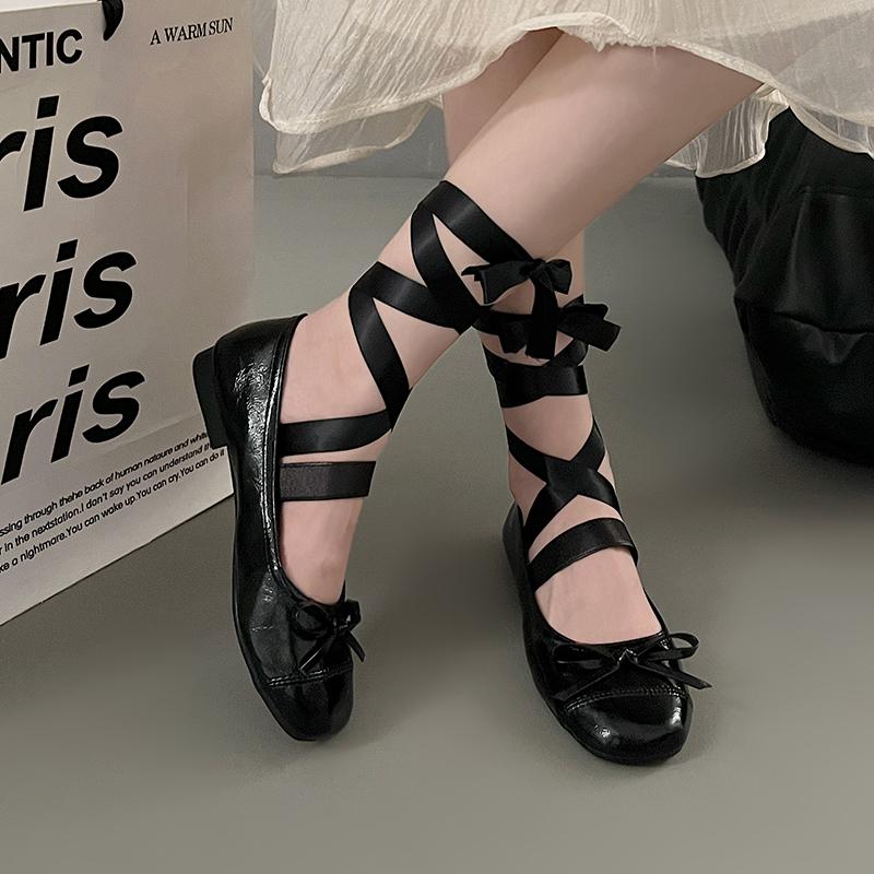 2024 New Fashion Round-toe Flat-soled Women's Shoes with Cross Straps and Shallow Bows for Spring and Autumn Women's Shoes