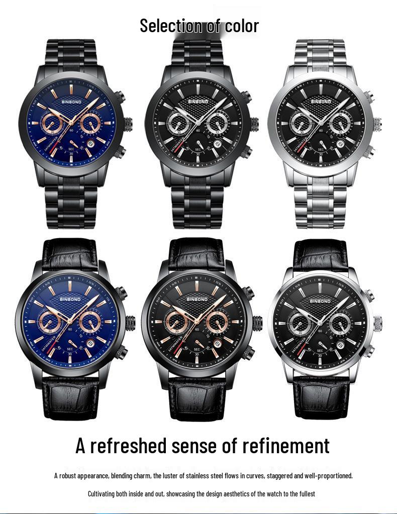BINBOND Men's Waterproof Quartz Sports Watch with Steel Strap and Dual Eye Multifunction.