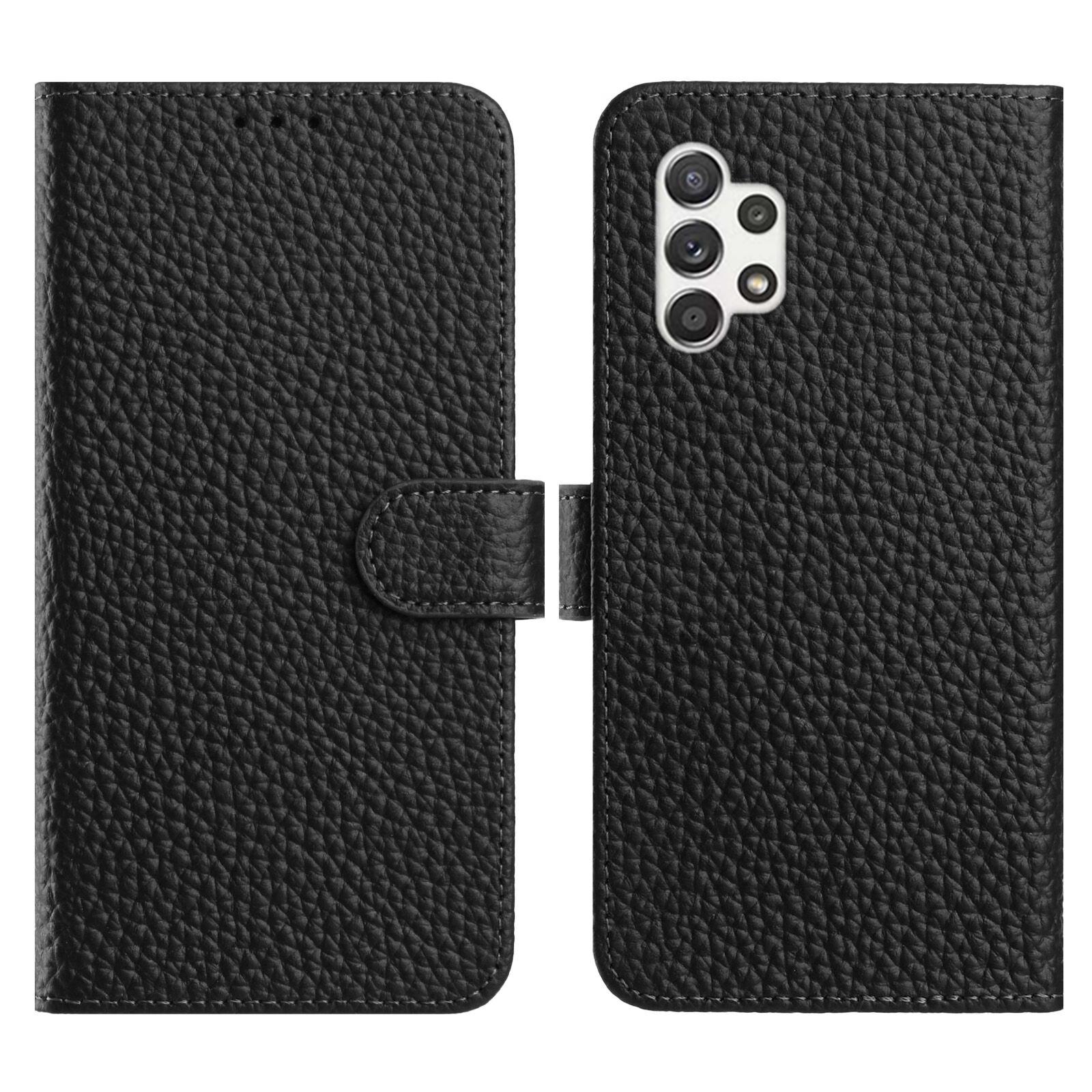 

For Samsung Galaxy A13 4G Case Wallet Stand Litchi Texture Genuine Cow Leather Flip Phone Cover Black
