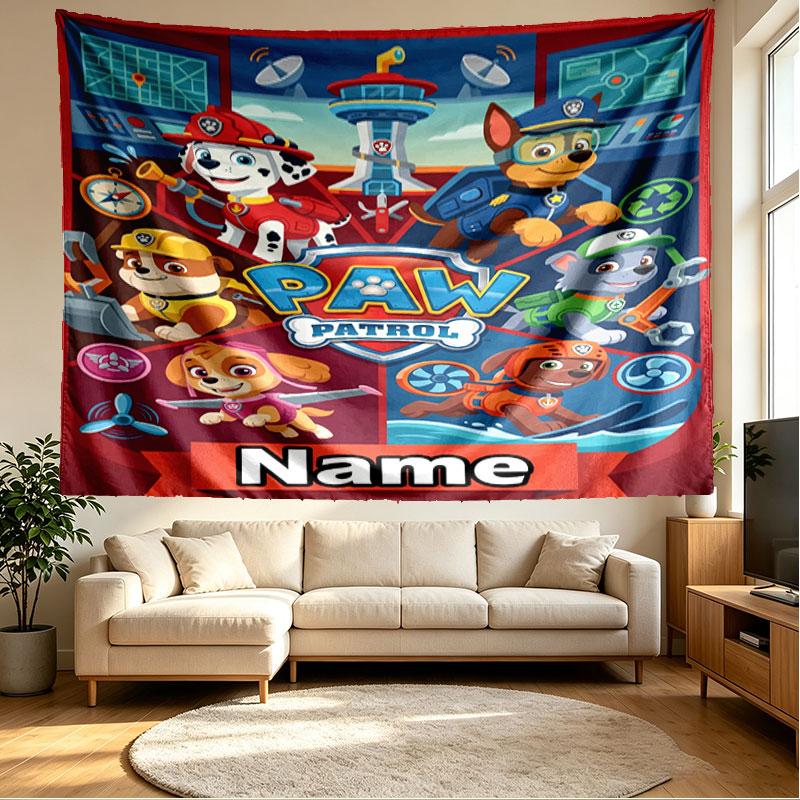 Custom Name Personalized PAW Patrol Print Tapestry, Wall Art Decor, Bedroom, Dorm, Apartment, LivingRoom, Party Backdrop, Gift for Birthday