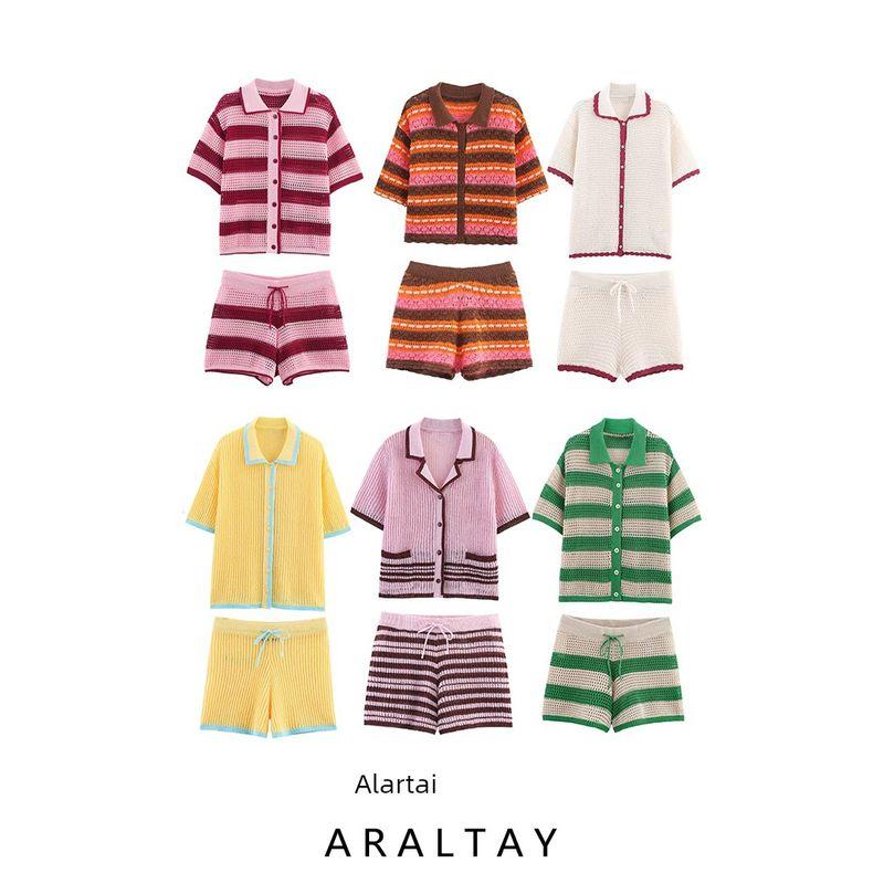 Araltay New Arrival Fashion Style Women's Fashion All-Match Minimalist Stripes Polo Shirt Knitting Coat Shorts