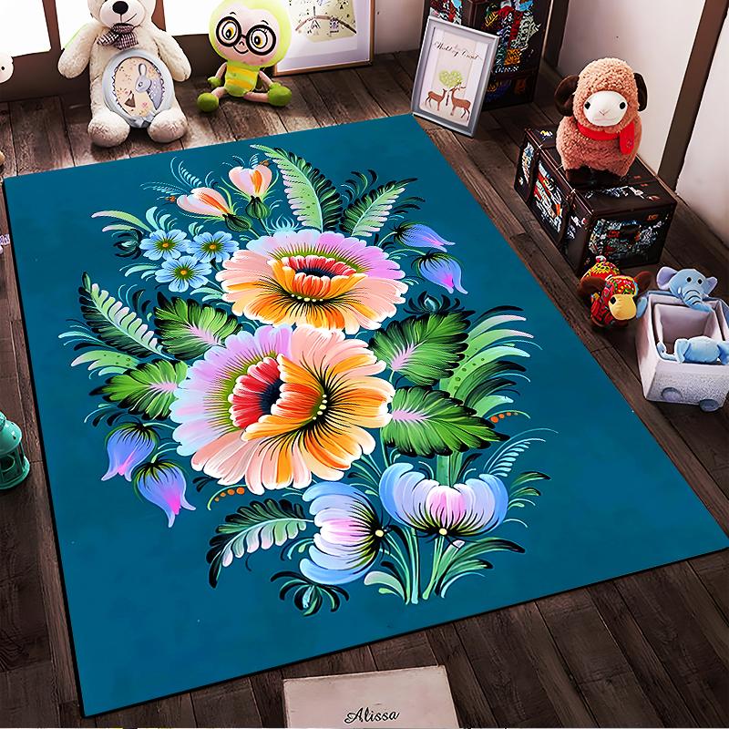 Floral Pattern Carpet with Bright Flowers on Blue Background Suitable for use as an anti-slip for living room bedroom sofas