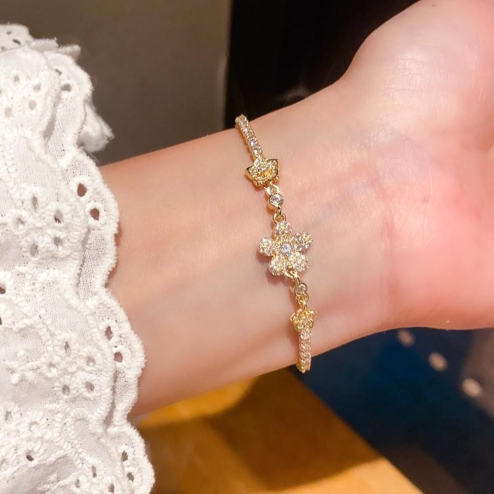 Adjustable Flower Bracelet Sparkling Zircon Exquisite Metal Pull-out Bracelet Crystal Pull Handmade Zircon Bracelet