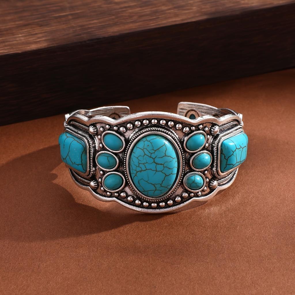 New Retro Bohemian Natural Turquoise Cuff Bracelet Ethnic Style Vacation Casual Travel Accessories For Women Boho Exquisite Accessories