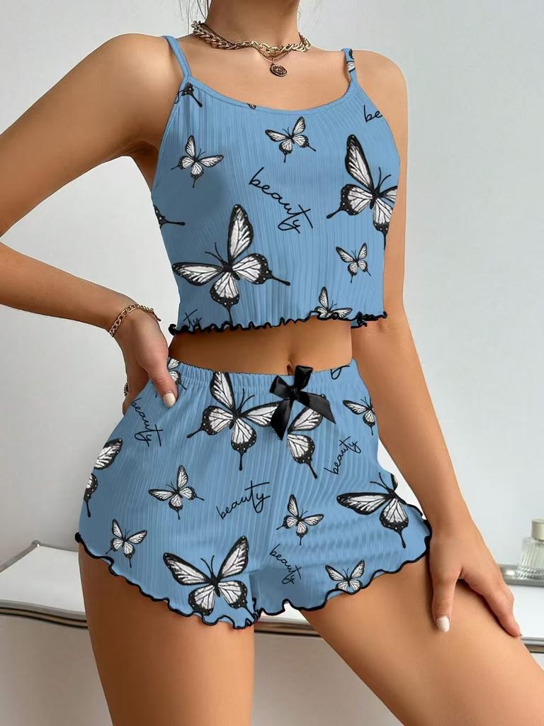 Women’s Fashion Butterfly Print Ribbed Cami Top and Shorts Two-Piece Pajama Set Comfortable Loungewear