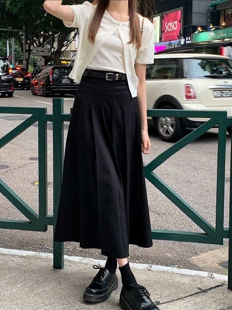 Women s Original Belted Pleated Midi Skirt - Slimming Spring/Autumn Temperament Small чёрный