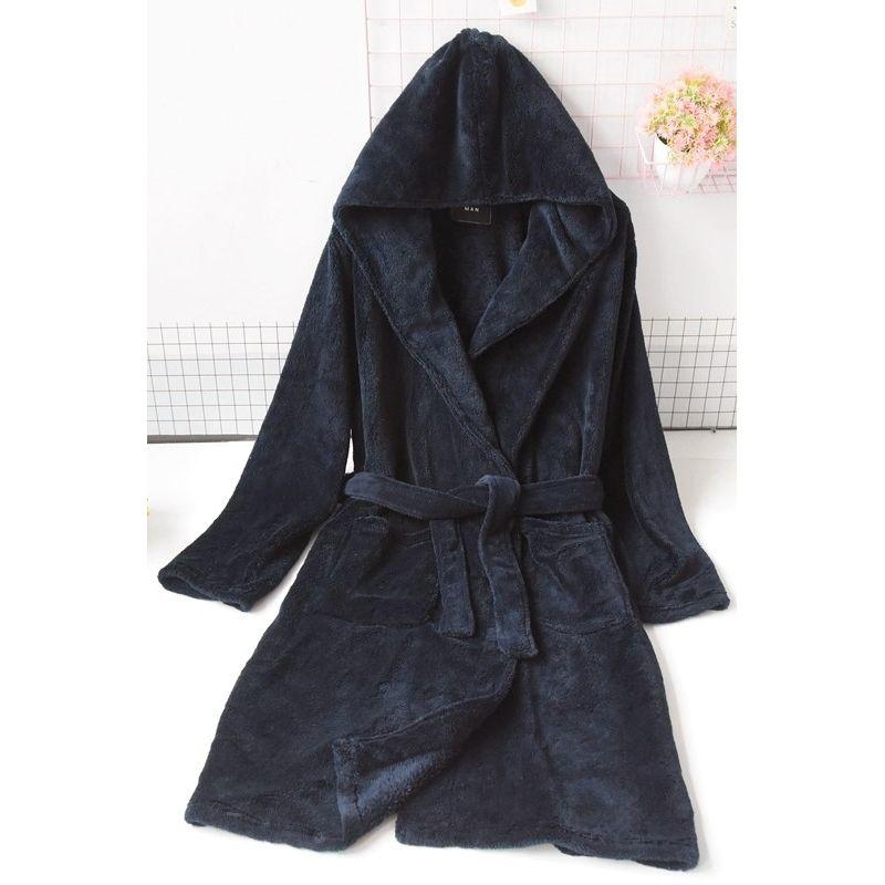 

Внешний Порядок Новое Поступление Мужской Коралловый Флис Однотонный Халат Ночная Сорочка с Капюшоном Осень и Зима Длинная Теплая Домашняя Одежда Dark blue(No primary color belt) 4X/5X