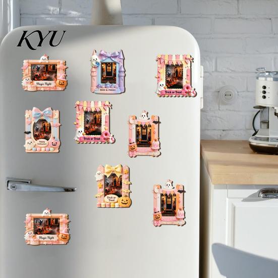 Decorative Magnetic Frame Halloween Photo Refrigerator Magnet, Ghost Pumpkin Picture Room Decor Holder, Wooden for Holiday Party Kitchen Magnet