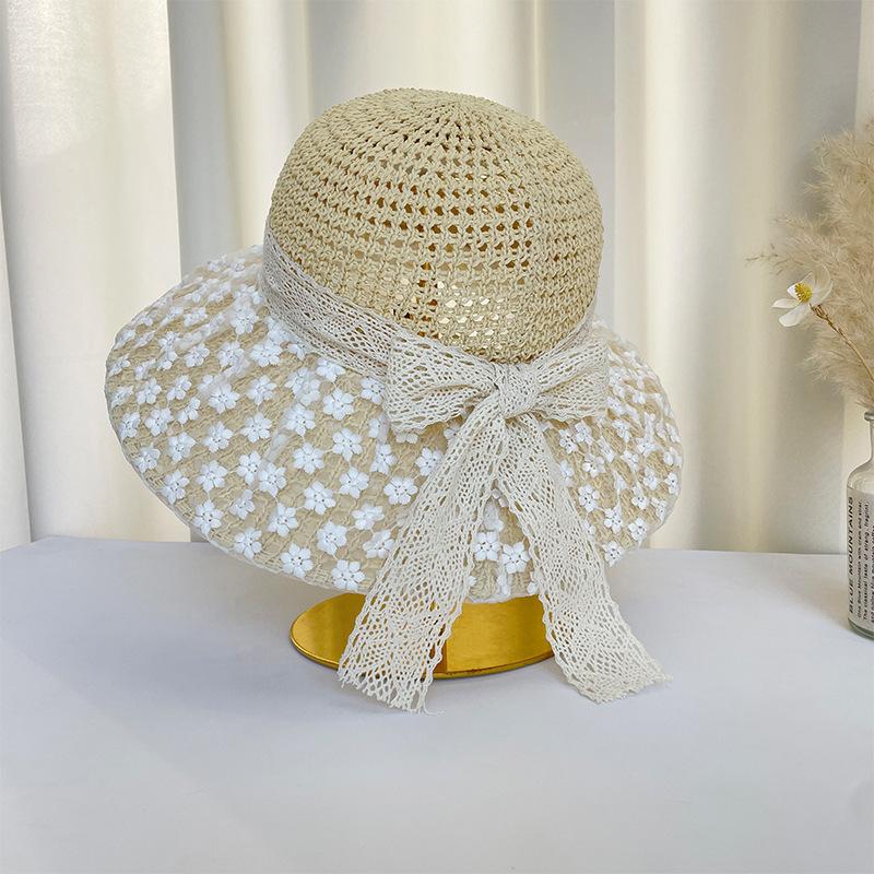 Straw Hat Women's New Small Fresh Lace Straw Hat Summer Travel Sun Protection Hat Big Brim Beach Sun Hat