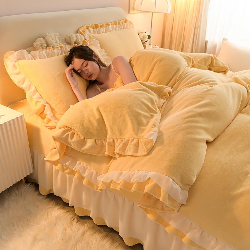 

Комплект постельного белья из молочного флиса Четыре предмета Зимний теплый Удобный Простыня Пододеяльник Наволочка 1.8m bed