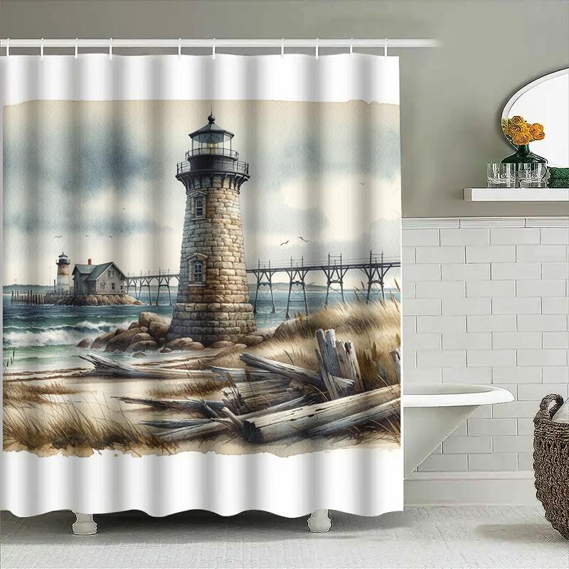 High-quality waterproof shower curtain featuring a lighthouse design for bathroom decor modern style home accessory with durable