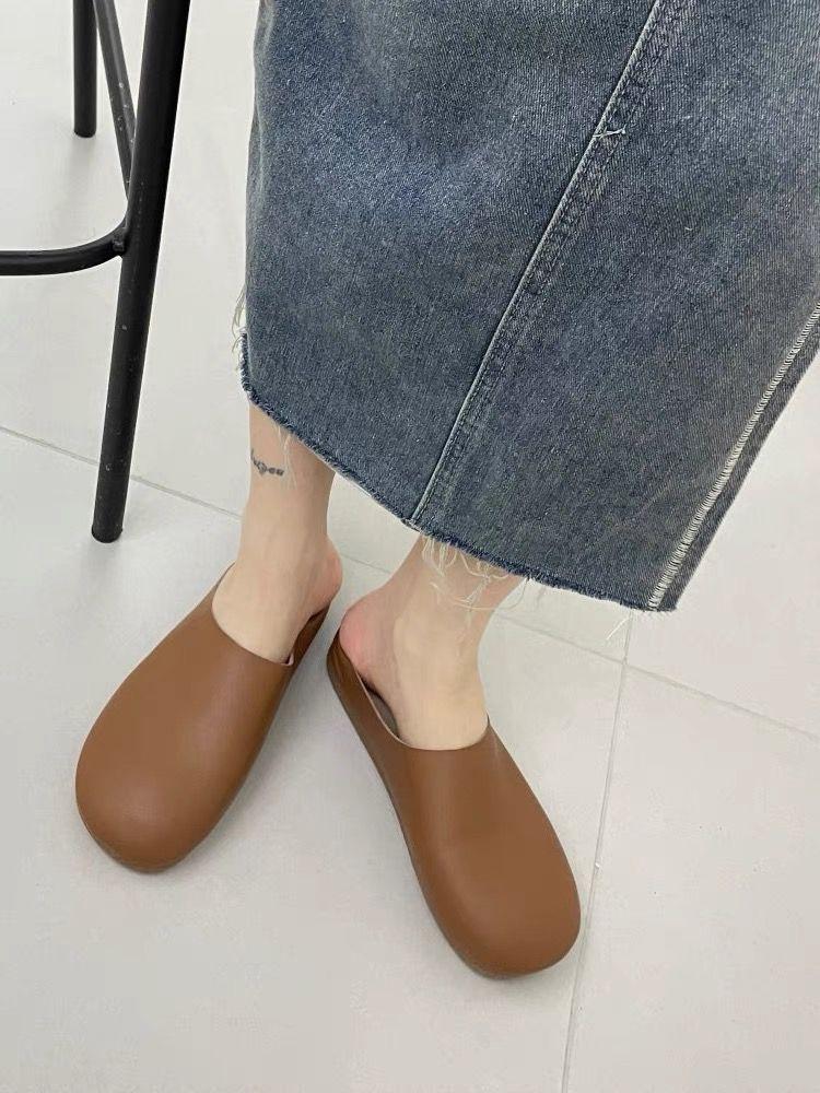 

Fashion Women Mules 2025 Summer Elegant Round Head Flat Slippers Female Shoes Women Casual Leather Soft-soled Slides 1544 40 темные хаки