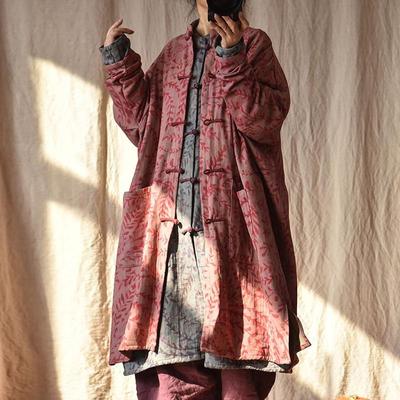 Cotton Linen Vintage Print Loose  Windbreaker Spring Retro Pockets Women 3 Colors Long Coat