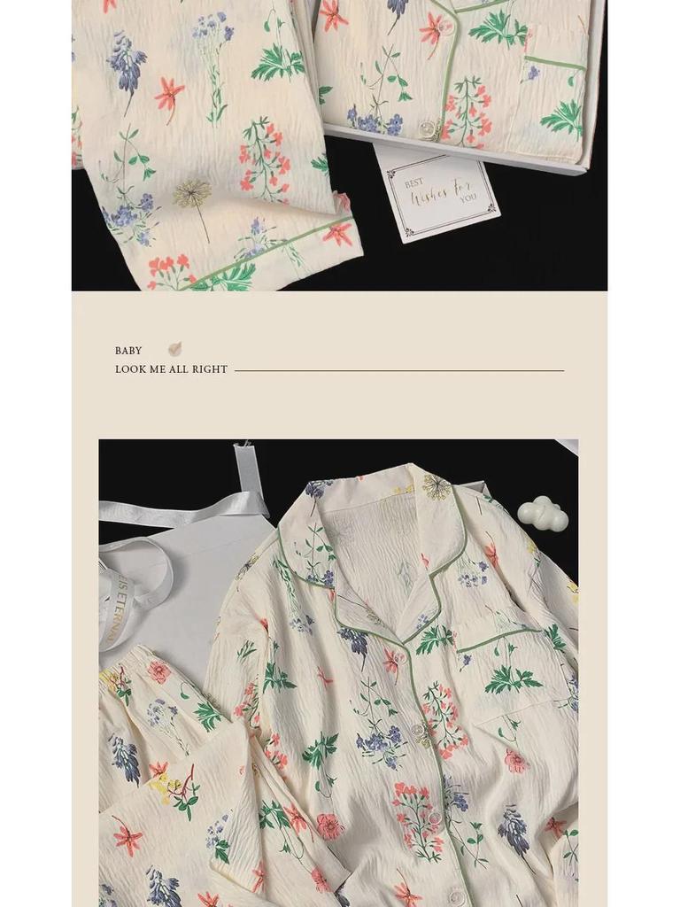 Women's French Pastoral Style Long Sleeve Pajama Set - Green Plants & Flowers Design