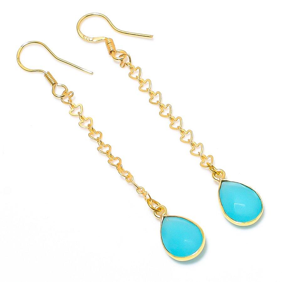 Aqua Chalcedony Gemstone Handmade 925 Sterling Silver Jewelry Earring 2.96" GK-3574
