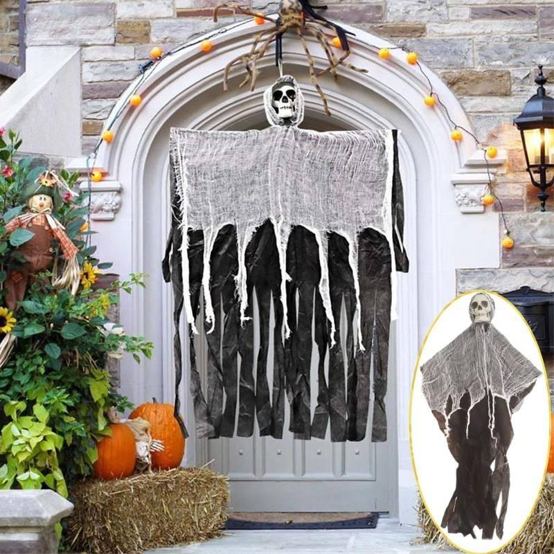 Läskig Halloween-dekoration Hängande spökskalle med gasväv För spökhus Läskig rekvisita