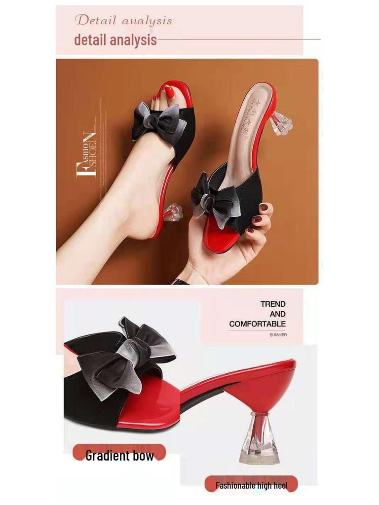 Summer Stiletto Peep Toe Bow Crystal Heel Comfortable Korean Style Women's Shoes